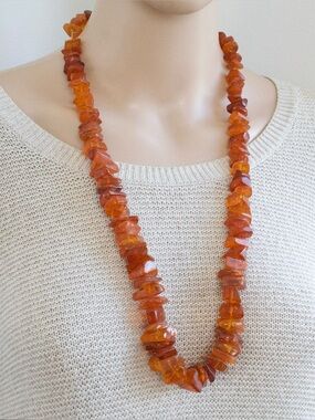 Vintage Baltic Amber Beaded Necklace Extra Long 29” Strand Chunky Nugget Beads